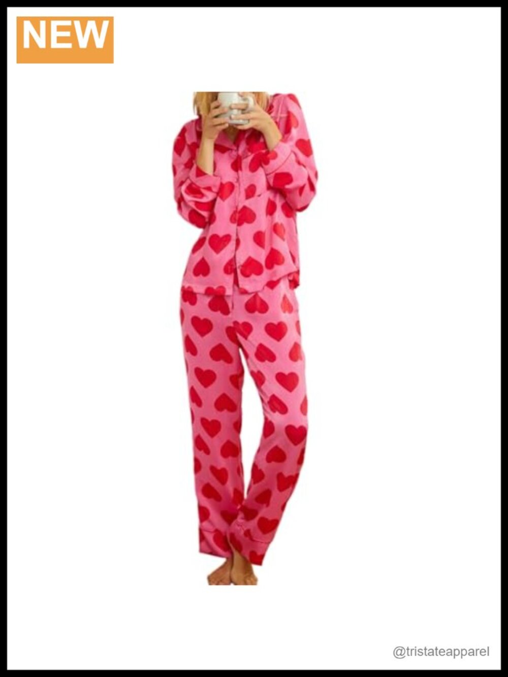 Women's 2 Piece Pajama Set Heart Print Button Down Shirt Wide Leg Pants